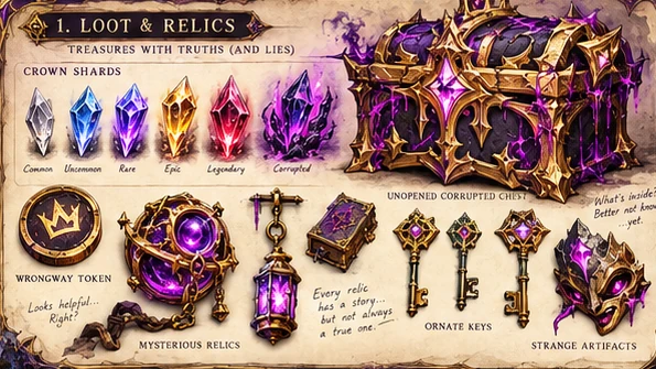 Loot and relics concept study: Crown Shards, a sealed corrupted chest, the Wrongway Token, ornate keys and strange artifacts
