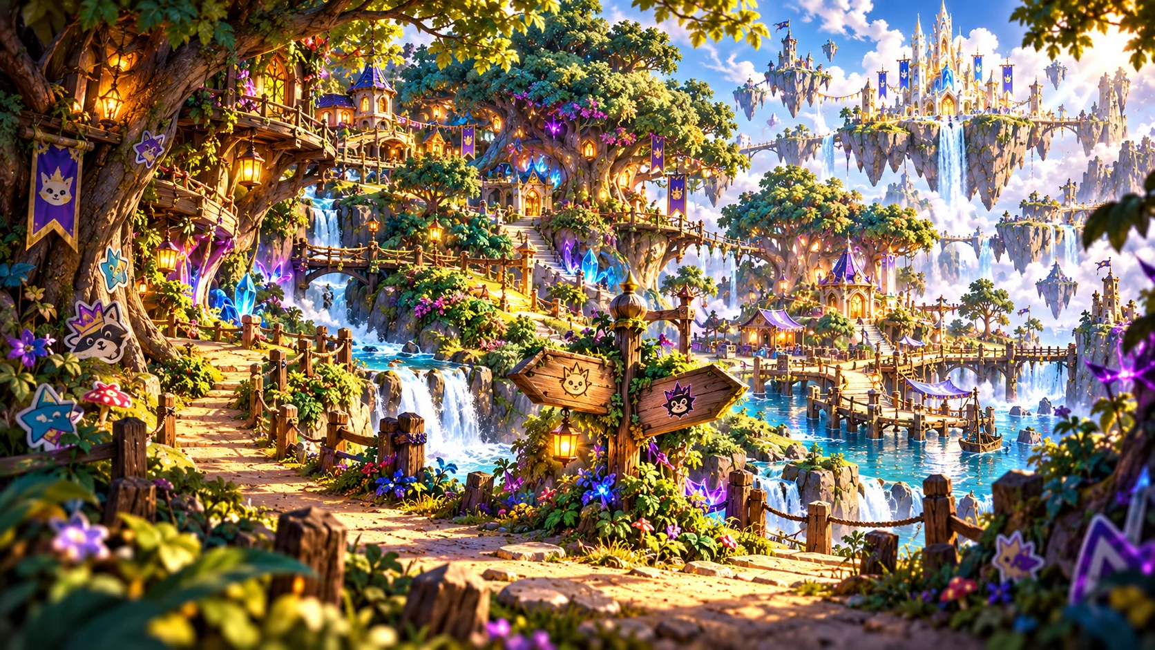 Concept art of Stickerwood: a treehouse village, lantern-lit walkways and waterfalls in warm afternoon light
