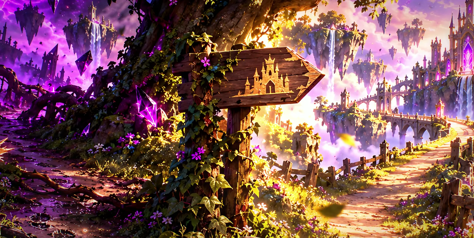 A carved wooden signpost at a forest crossroads in Stickerwood, from the Crownfall teaser